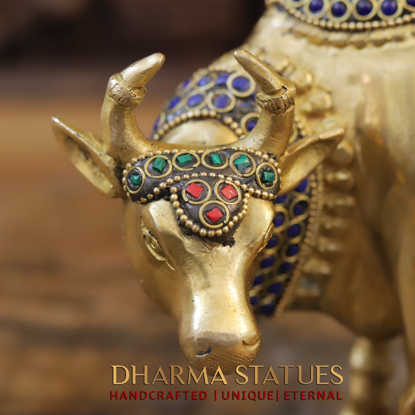 Brass Cow With Calf Standing on Base, Golden Finish & Stonework, 7"