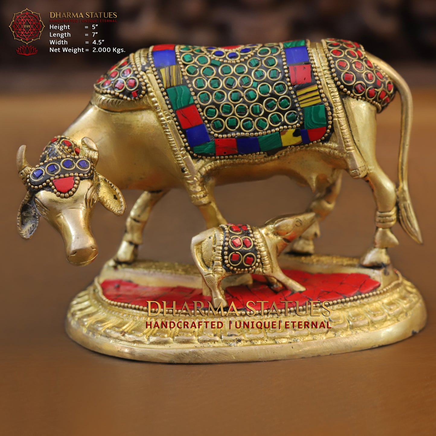 Brass Cow With Calf Standing on Base, Golden Finish & Stonework, 5"
