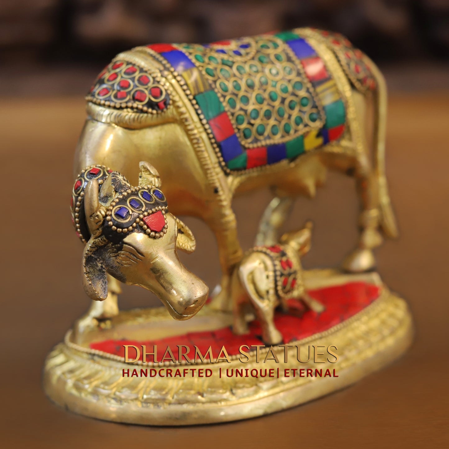 Brass Cow With Calf Standing on Base, Golden Finish & Stonework, 5"