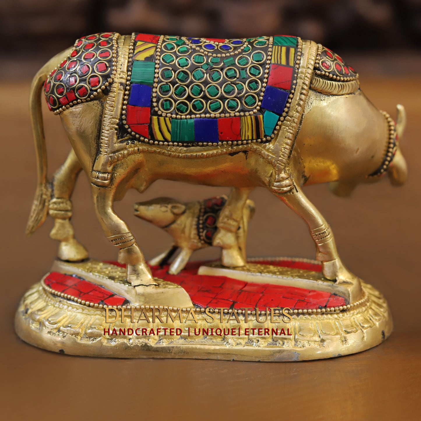 Brass Cow With Calf Standing on Base, Golden Finish & Stonework, 5"