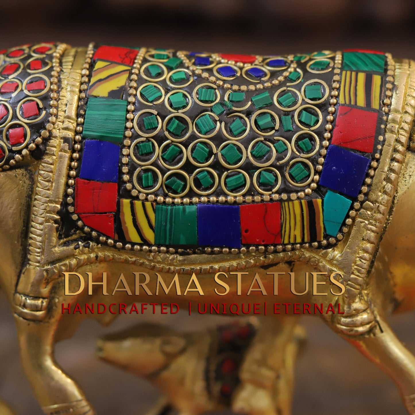 Brass Cow With Calf Standing on Base, Golden Finish & Stonework, 5"