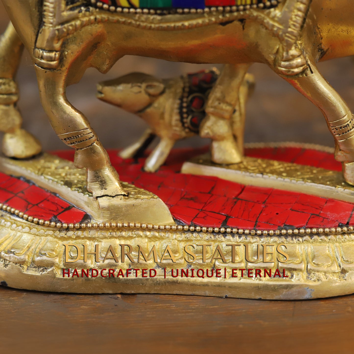 Brass Cow With Calf Standing on Base, Golden Finish & Stonework, 5"