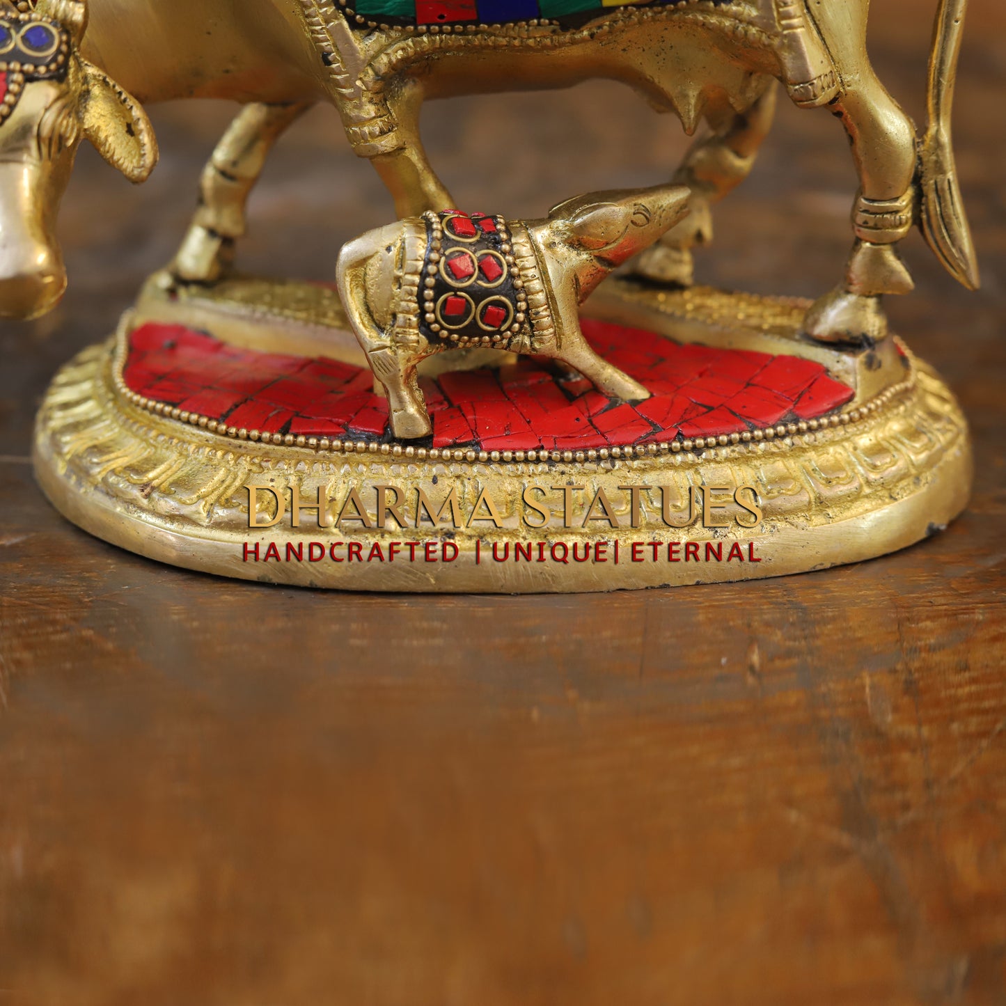 Brass Cow With Calf Standing on Base, Golden Finish & Stonework, 5"