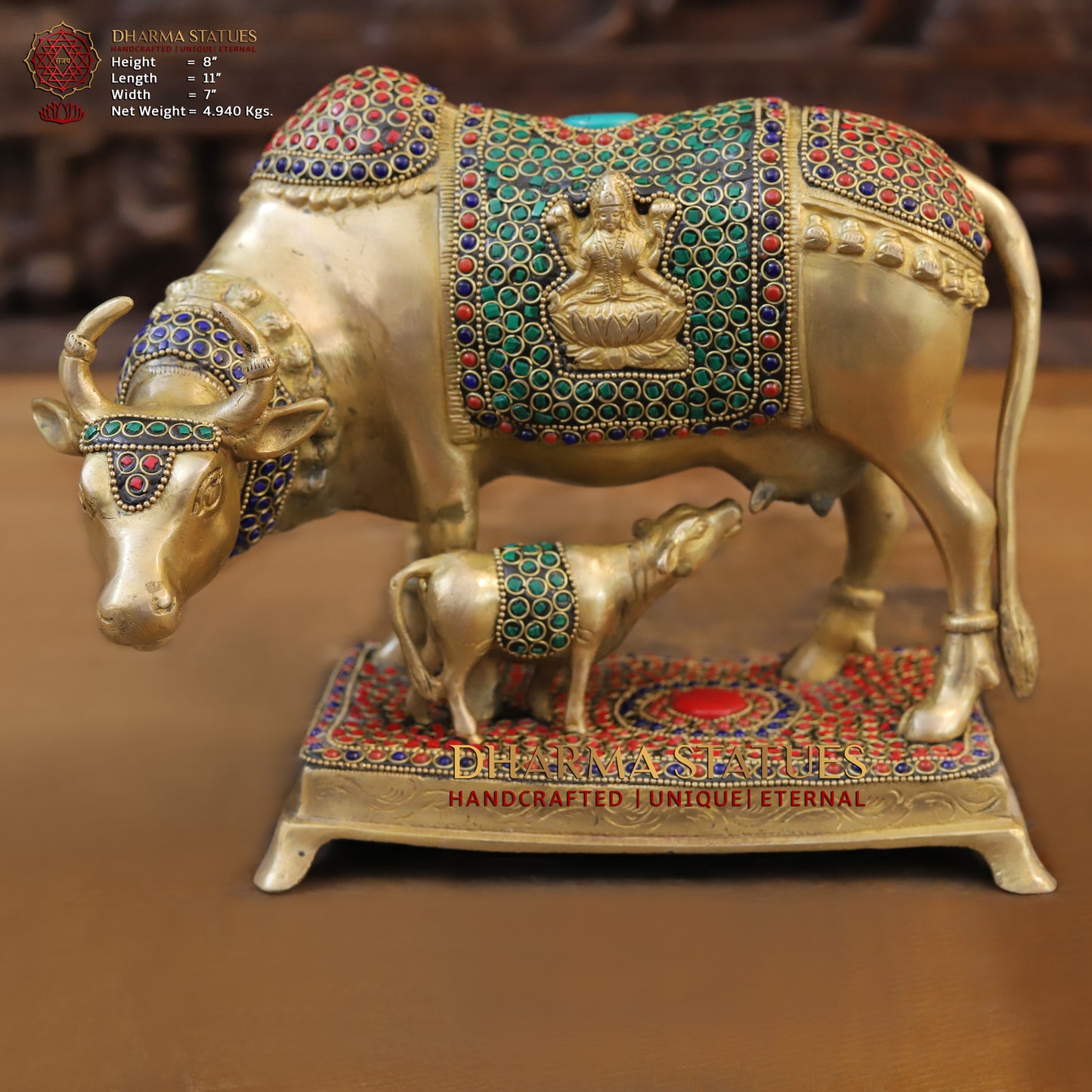Brass Cow With Calf Standing on Base, Lakshmi Ji Engraved, Golden Finish & Stonework, 8"