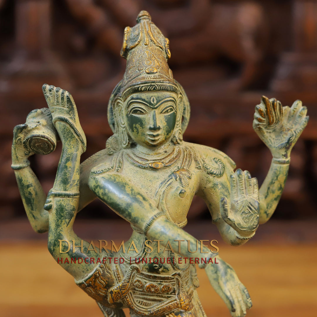 Brass Natraj Statue, Dance of the Universe, Green Patina Finish, 12"