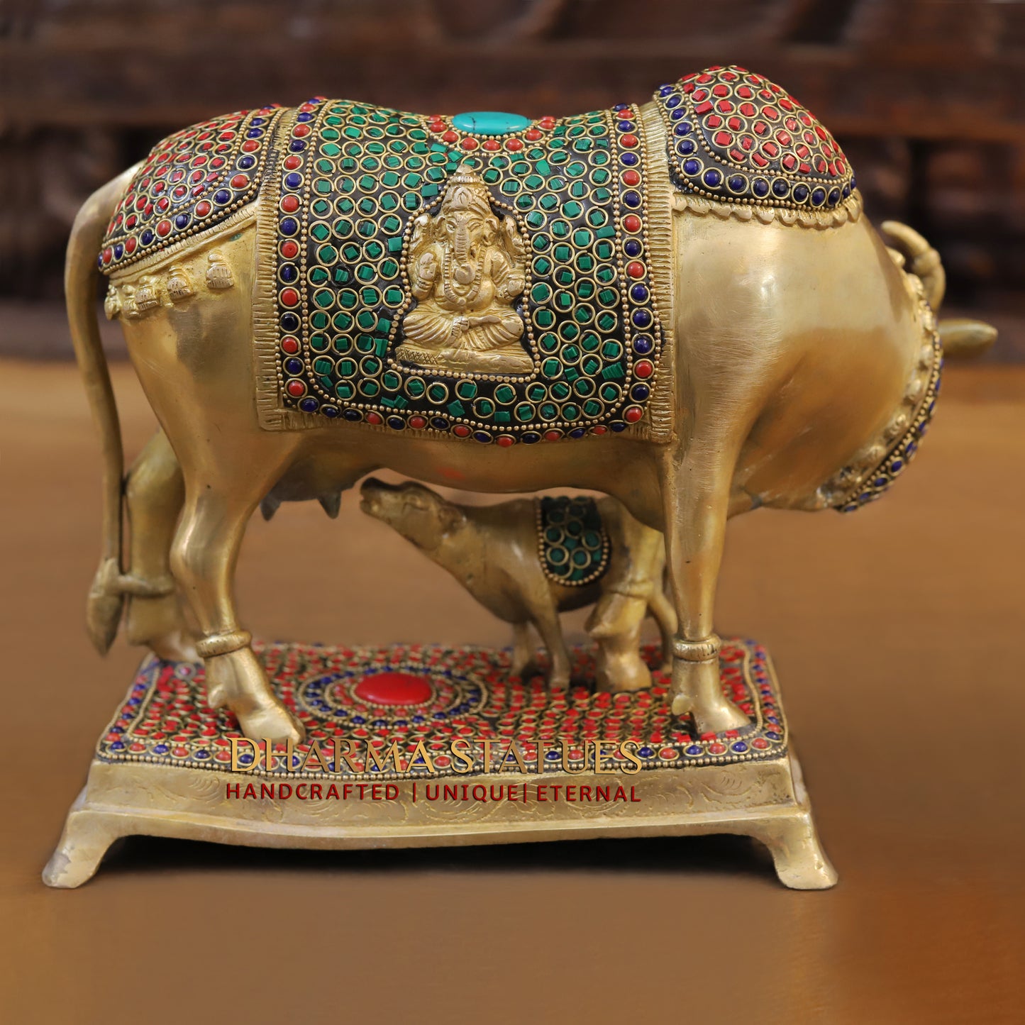 Brass Cow With Calf Standing on Base, Lakshmi Ji Engraved, Golden Finish & Stonework, 8"