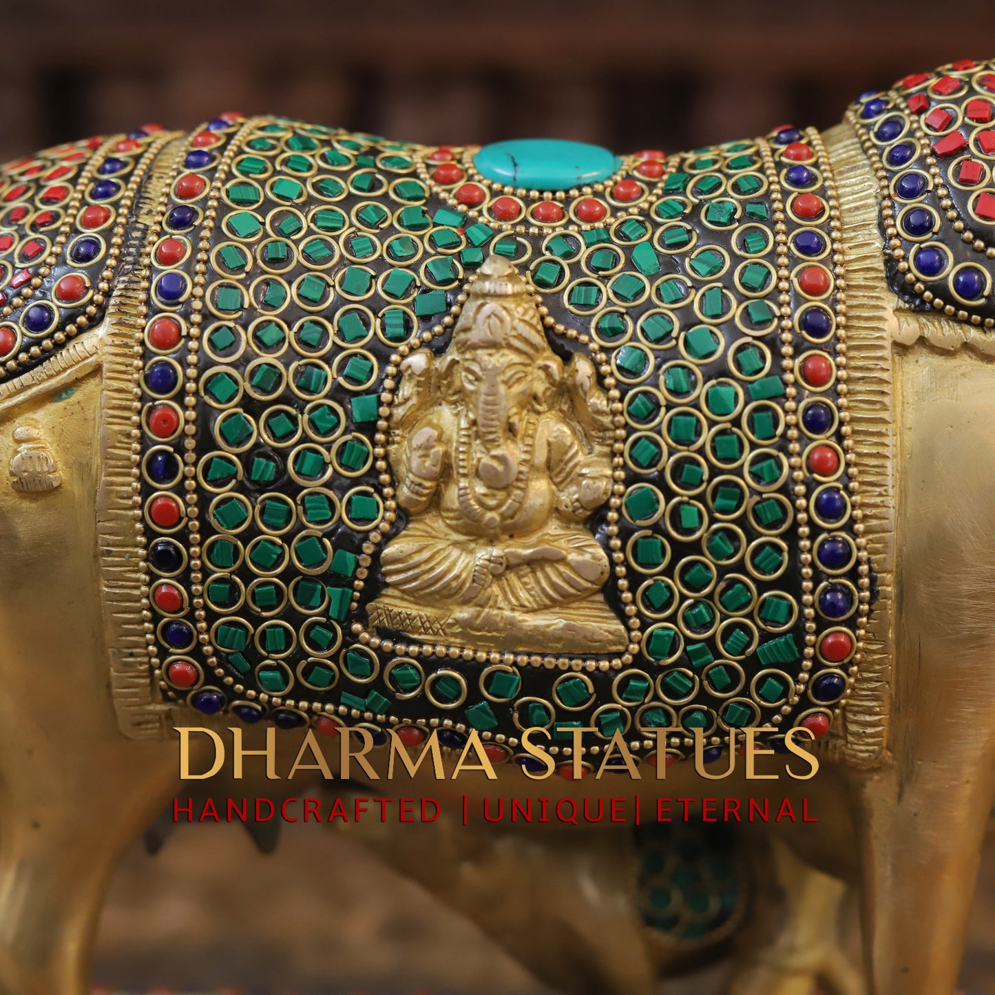 Brass Cow With Calf Standing on Base, Lakshmi Ji Engraved, Golden Finish & Stonework, 8"