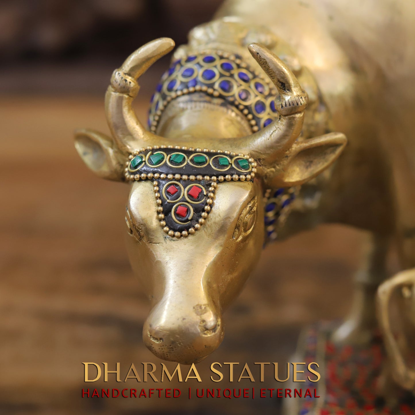 Brass Cow With Calf Standing on Base, Lakshmi Ji Engraved, Golden Finish & Stonework, 8"