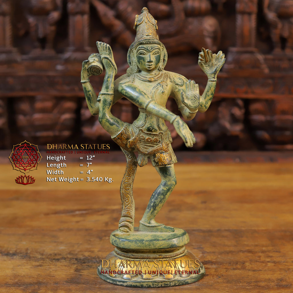 Brass Natraj Statue, Dancing Shiva, Green Patina Finish 12" Front View