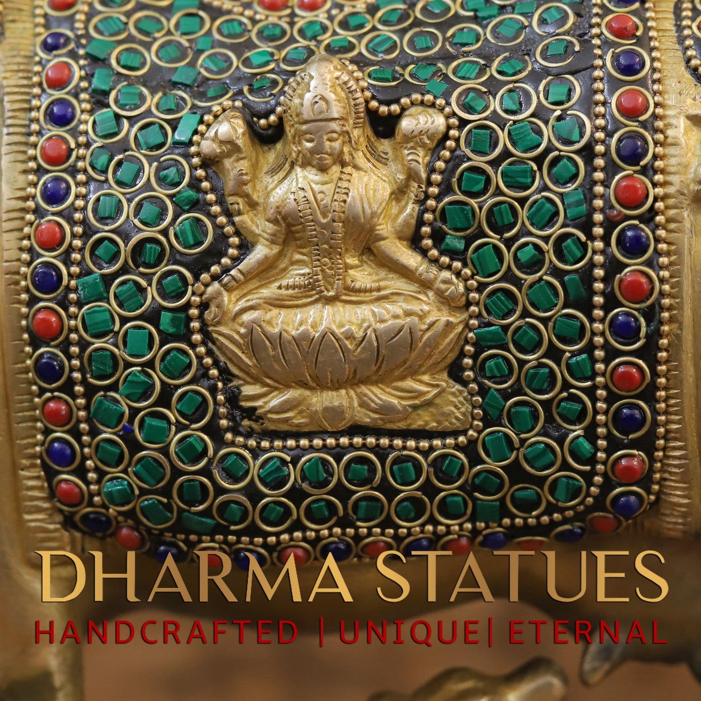 Brass Cow With Calf Standing on Base, Lakshmi Ji Engraved, Golden Finish & Stonework, 8"