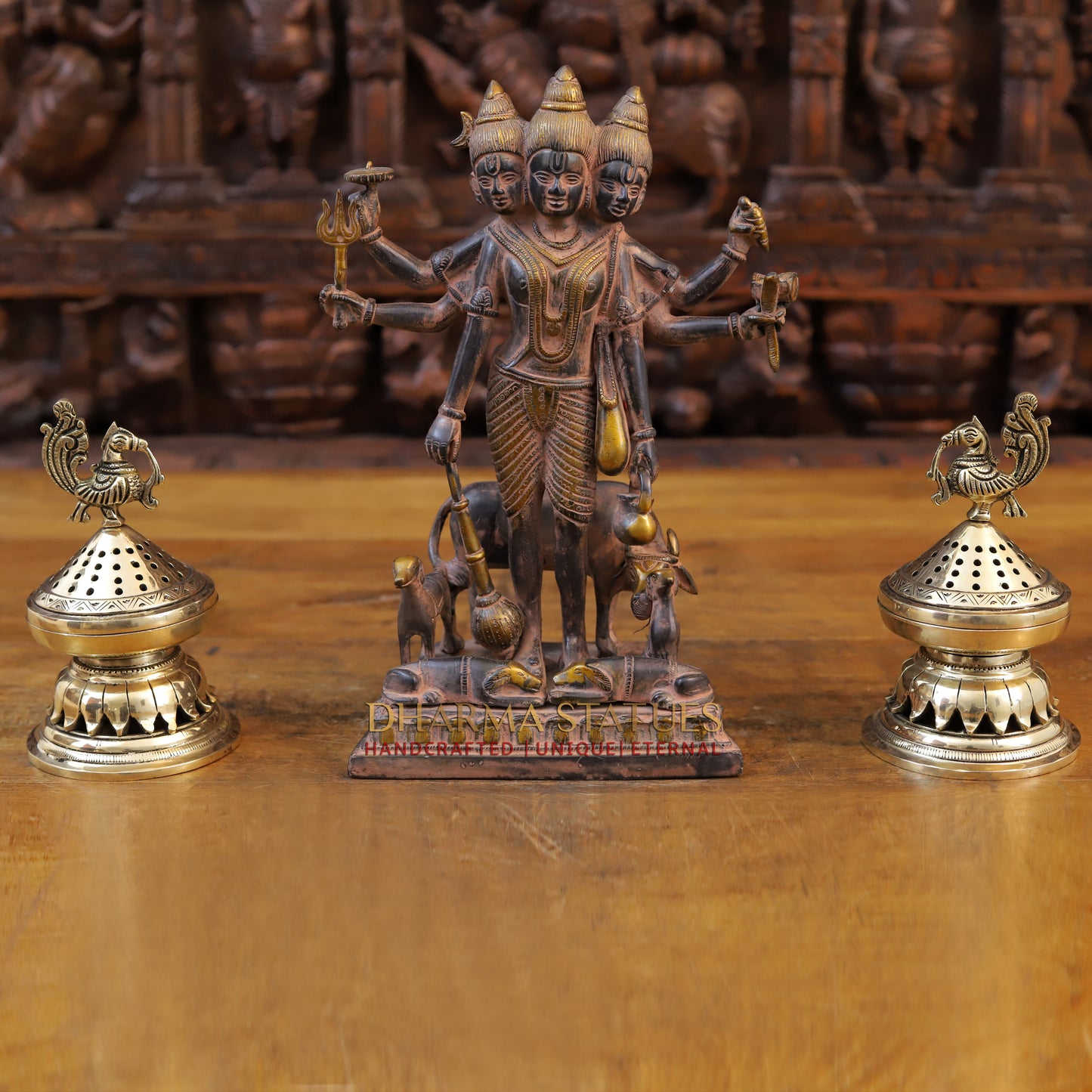 Brass Dattatriya Statu, Black Patina 12"