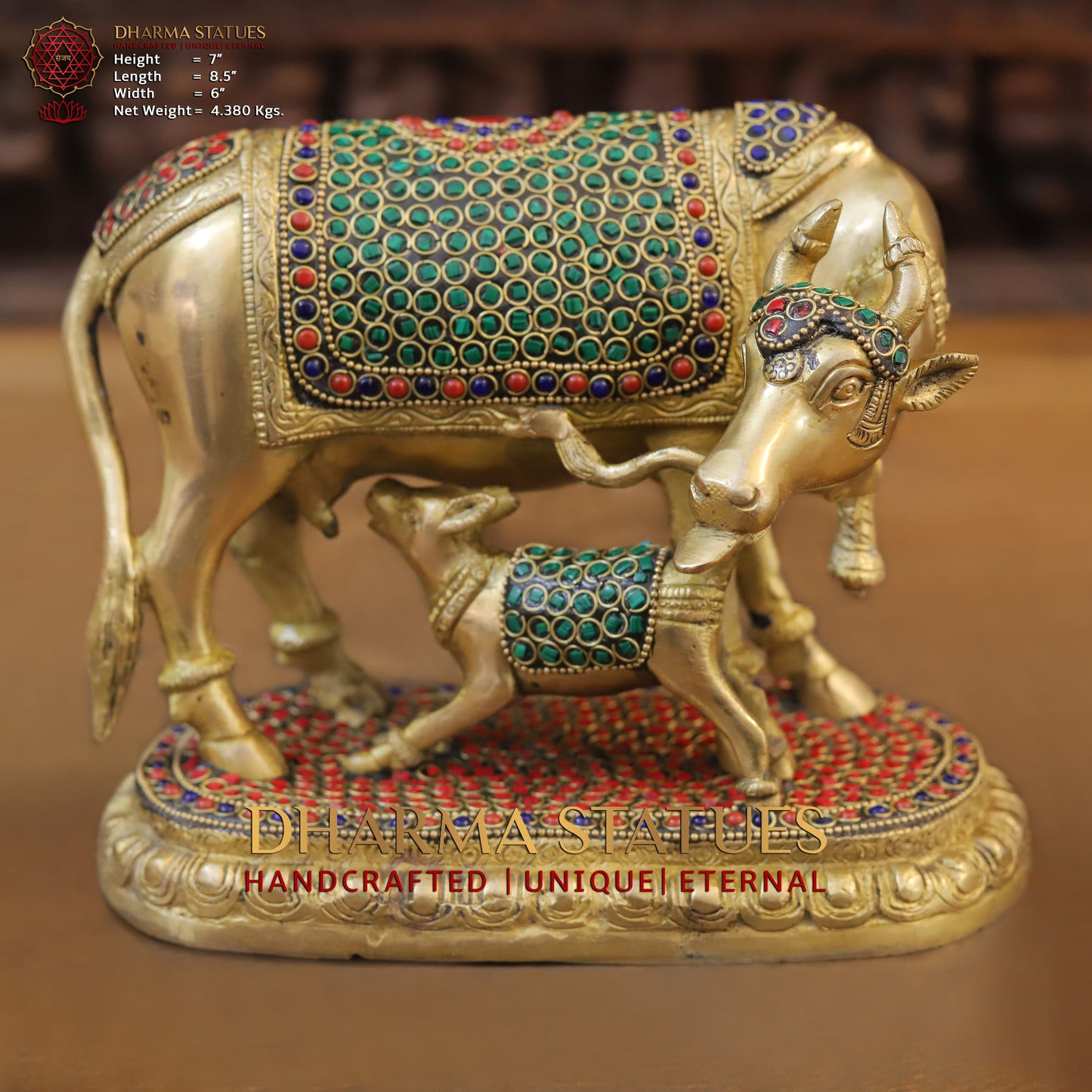 Brass Cow With Calf Standing on Base, Golden Finish & Stonework, 7"