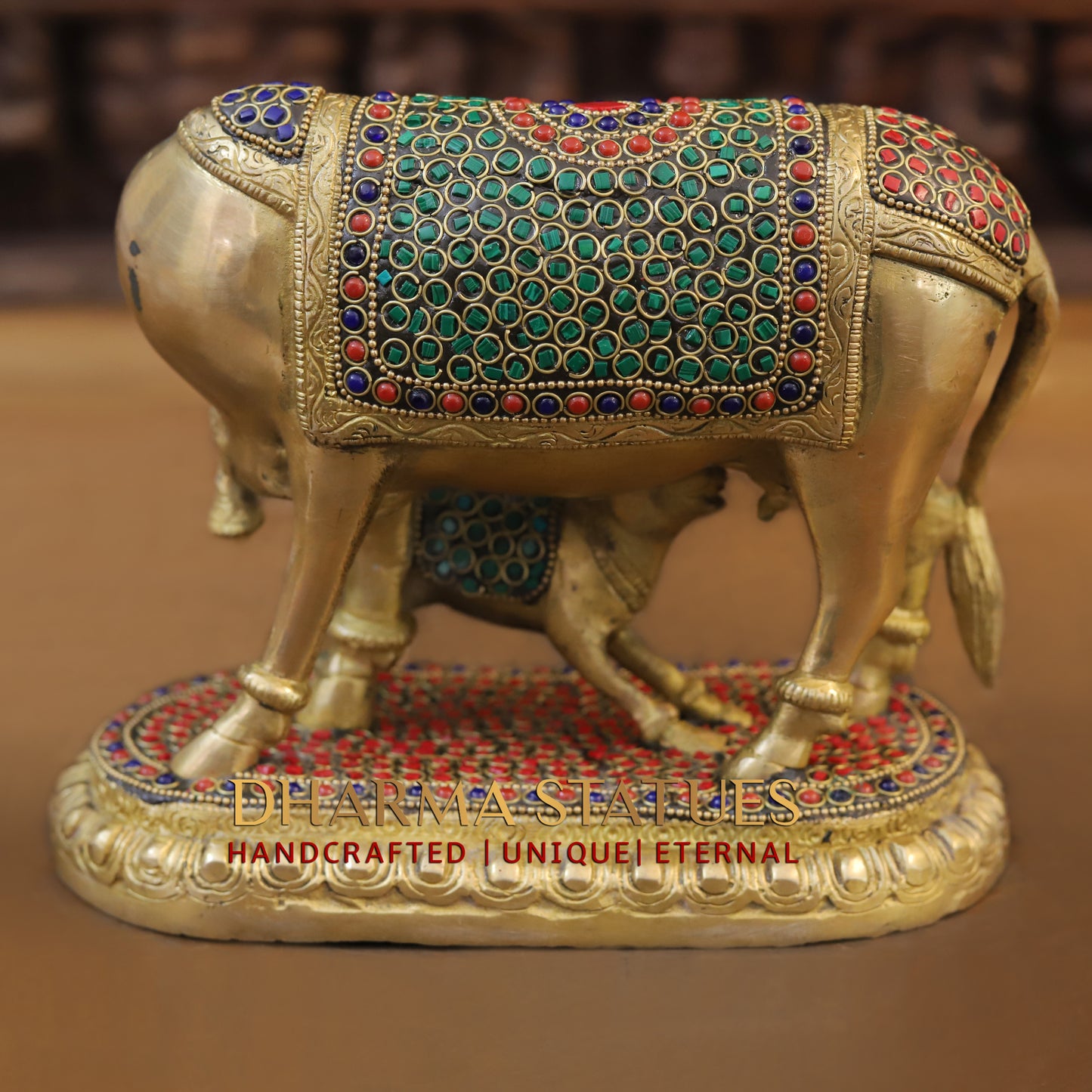Brass Cow With Calf Standing on Base, Golden Finish & Stonework, 7"