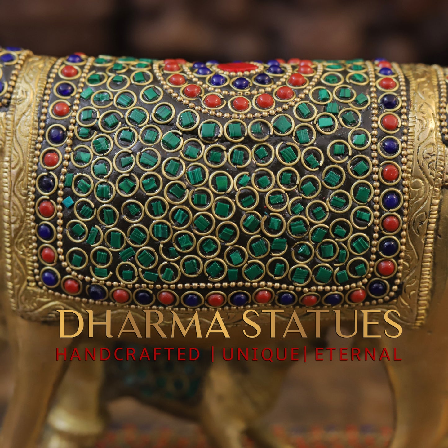 Brass Cow With Calf Standing on Base, Golden Finish & Stonework, 7"