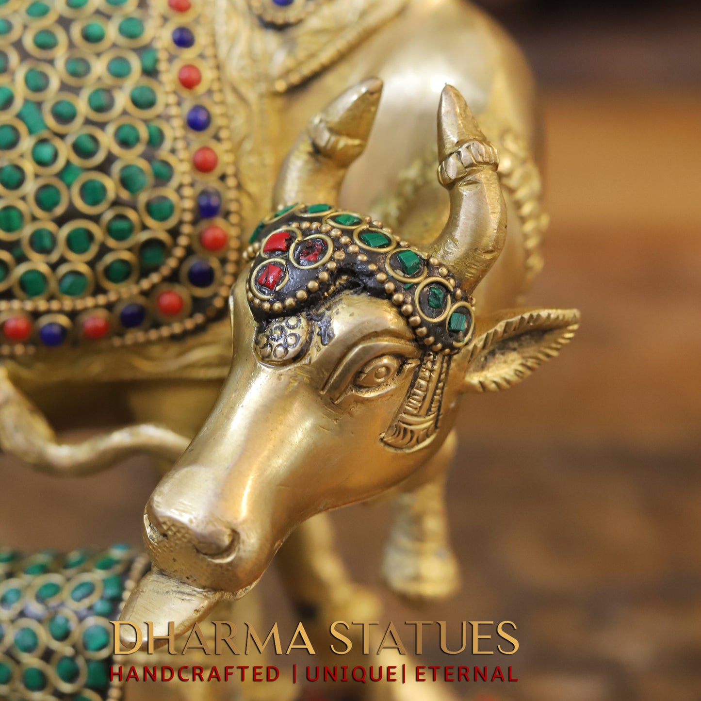 Brass Cow With Calf Standing on Base, Golden Finish & Stonework, 7"