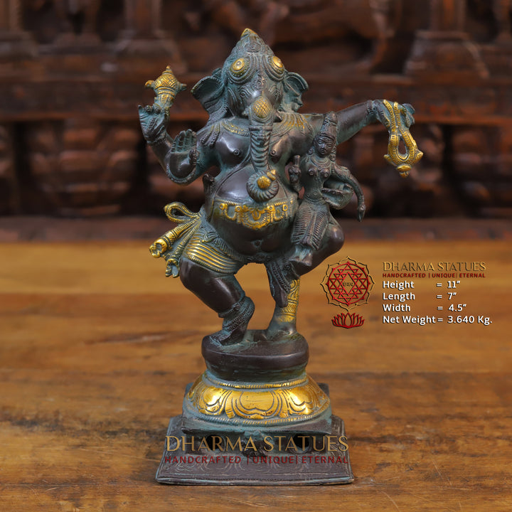 Brass Dancing Ganesh Idol, Black Patina and Golden Finish 11"