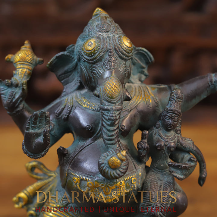 Brass Dancing Ganesh Idol, Black Patina and Golden Finish 11"