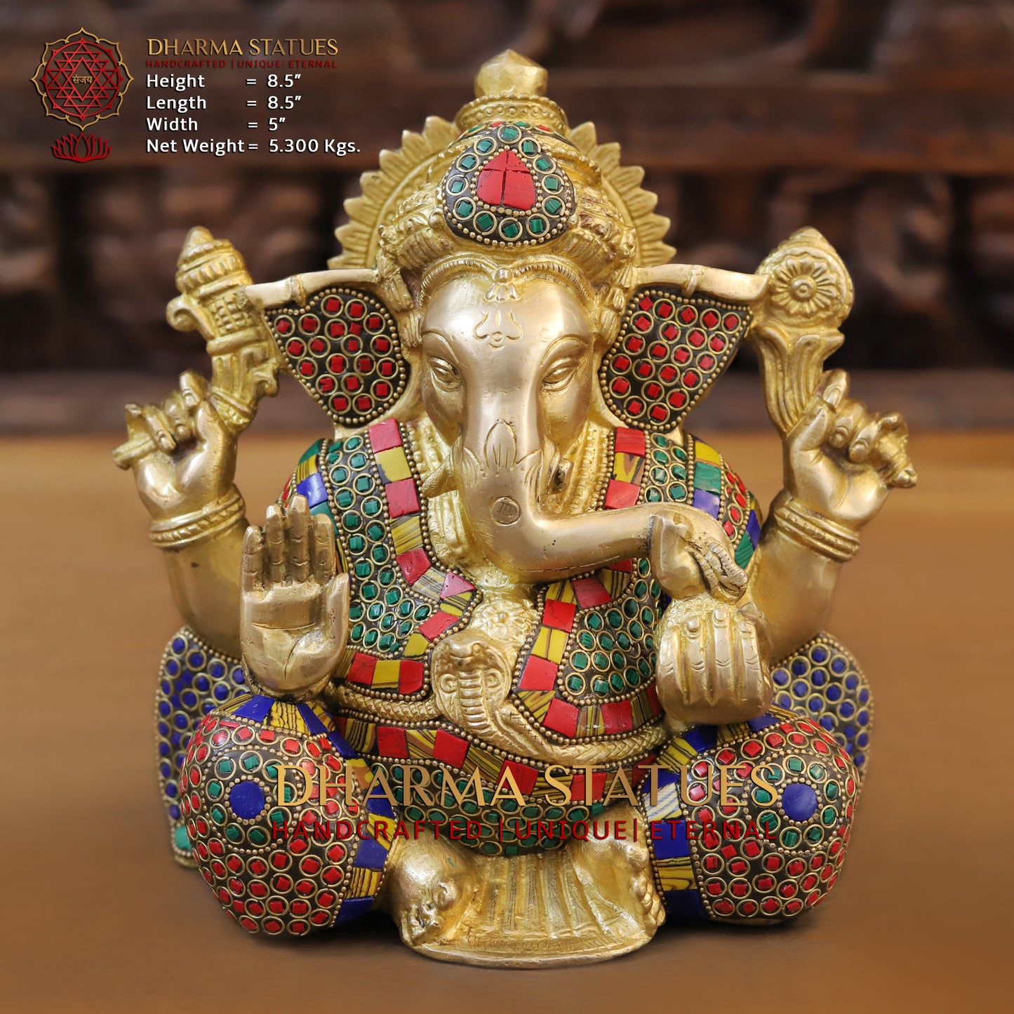Brass Ganesh seated, Blessing Position, Golden & Stonework, 8.5"