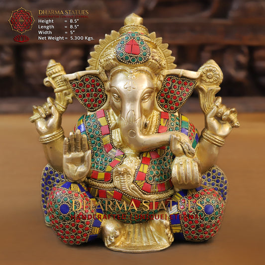 Brass Ganesh seated, Blessing Position, Golden & Stonework, 8.5"