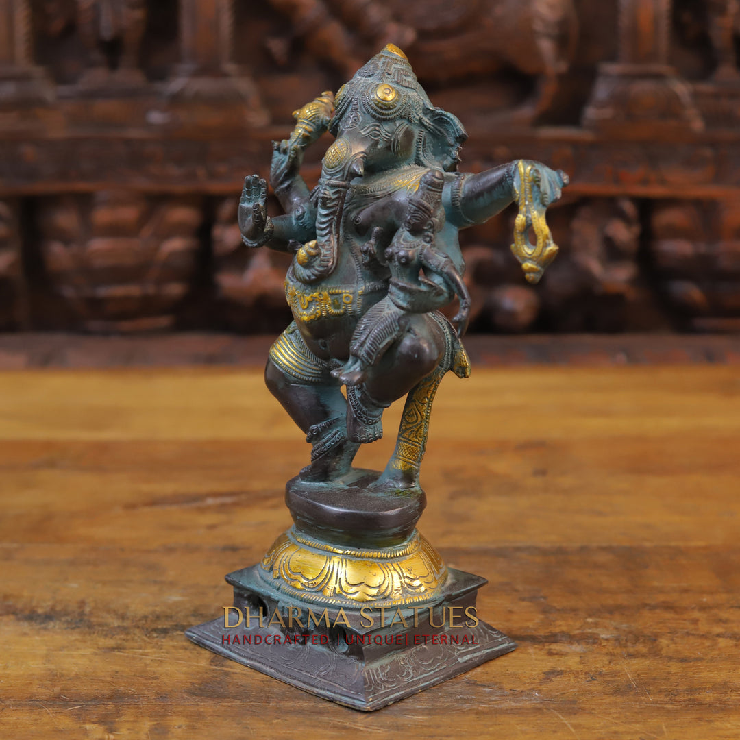 Brass Dancing Ganesh Idol, Black Patina and Golden Finish 11"