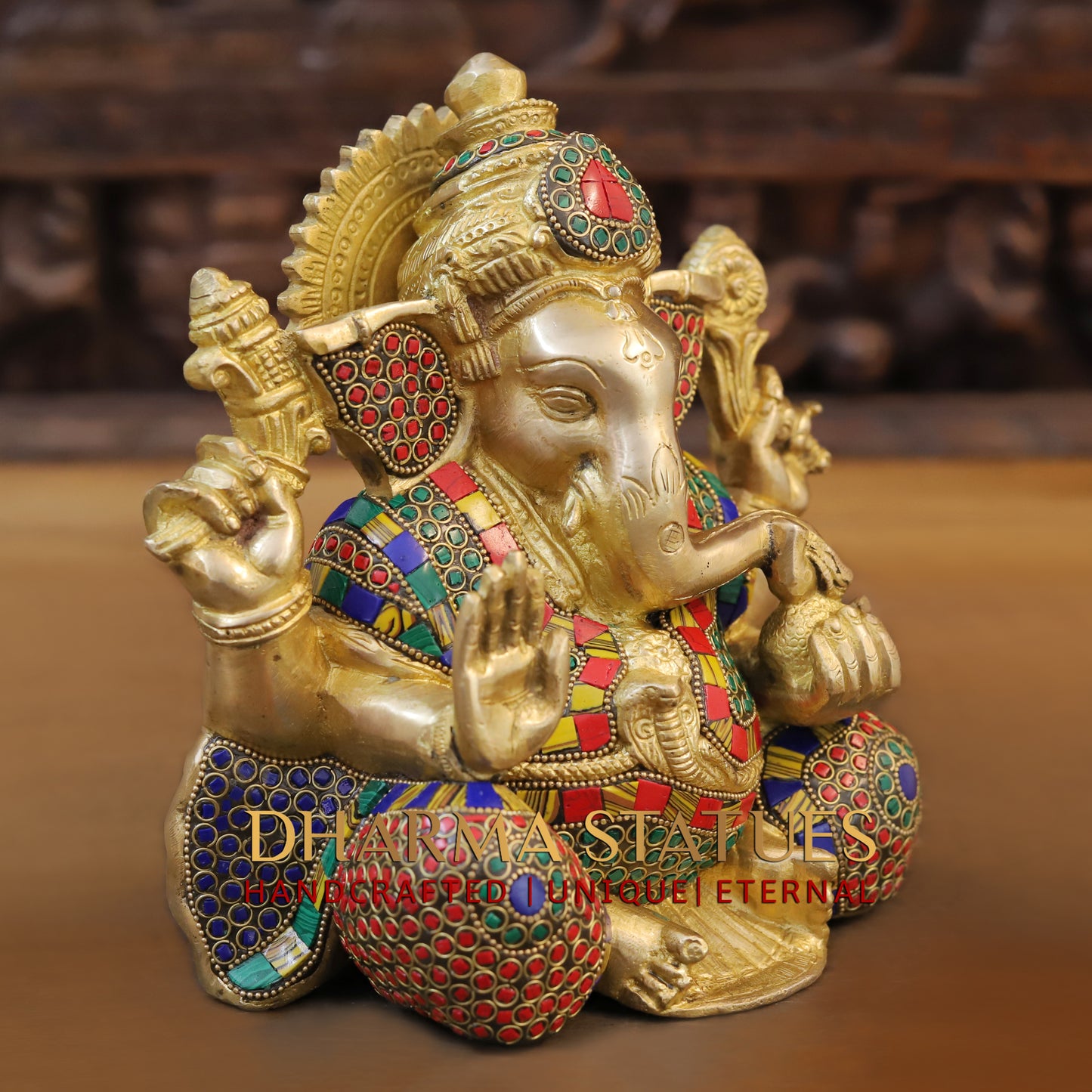 Brass Ganesh seated, Blessing Position, Golden & Stonework, 8.5"