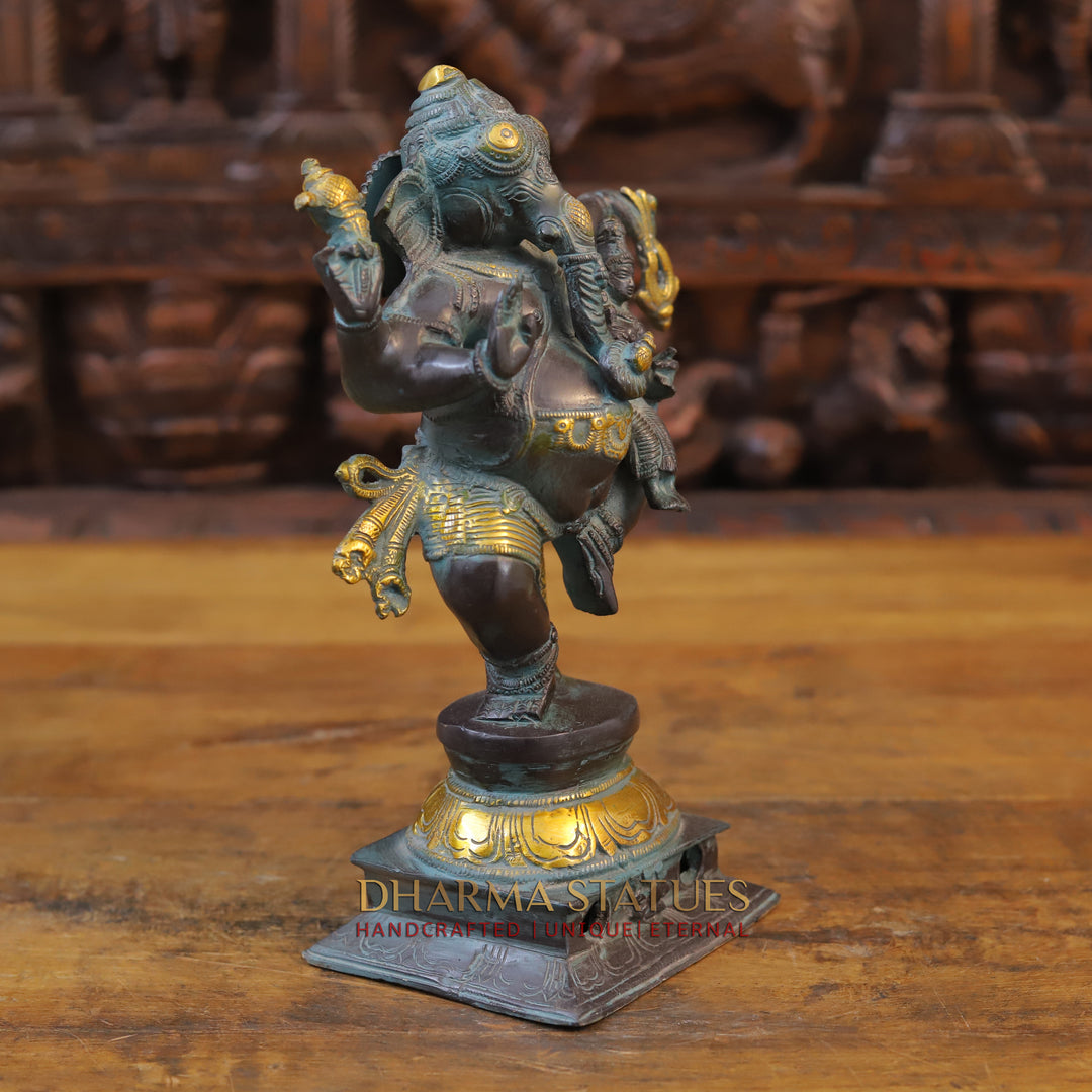 Brass Dancing Ganesh Idol, Black Patina and Golden Finish 11"