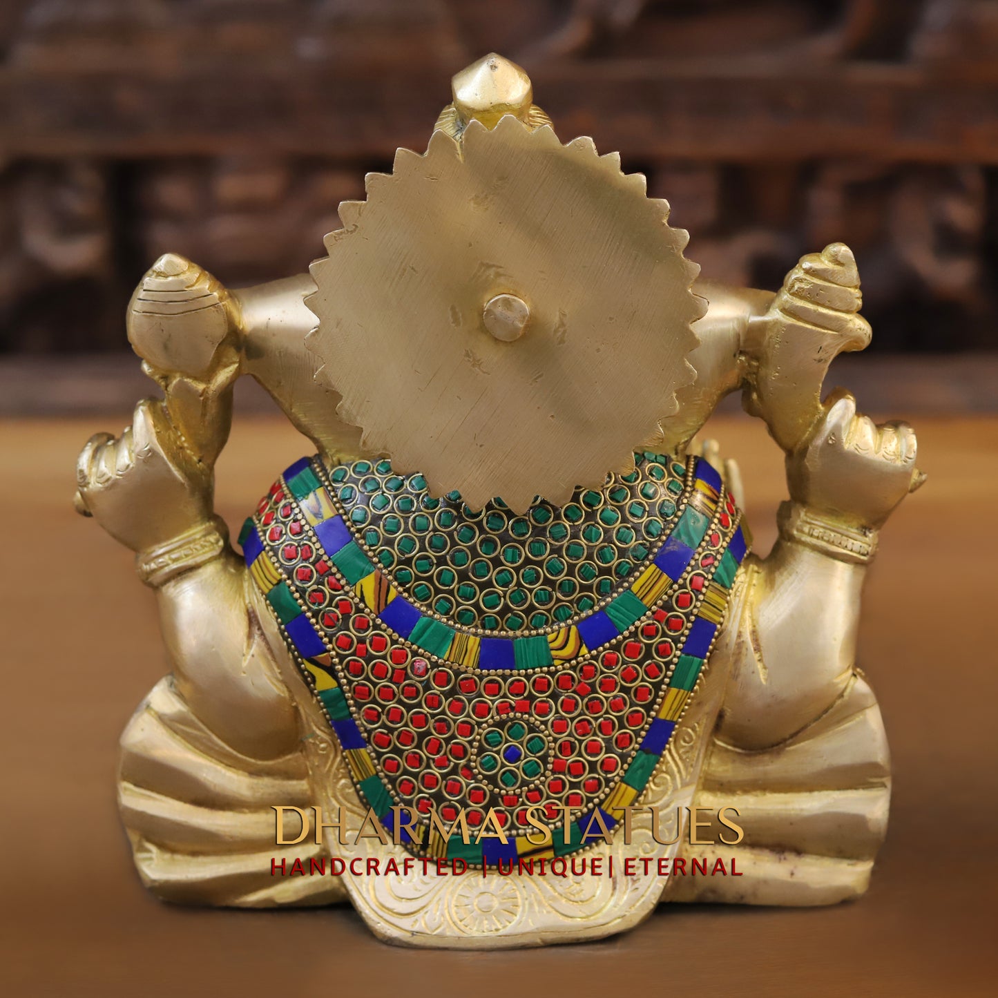 Brass Ganesh seated, Blessing Position, Golden & Stonework, 8.5"