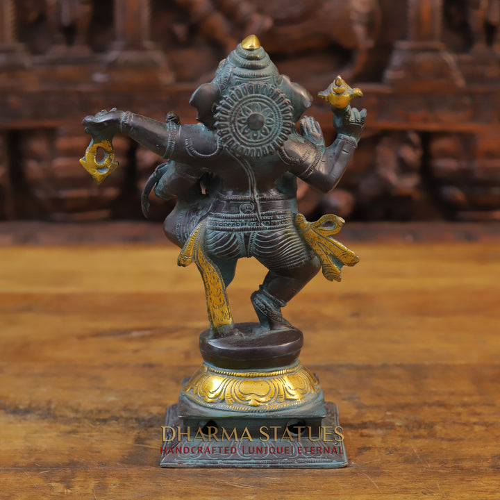 Brass Dancing Ganesh Idol, Black Patina and Golden Finish 11"