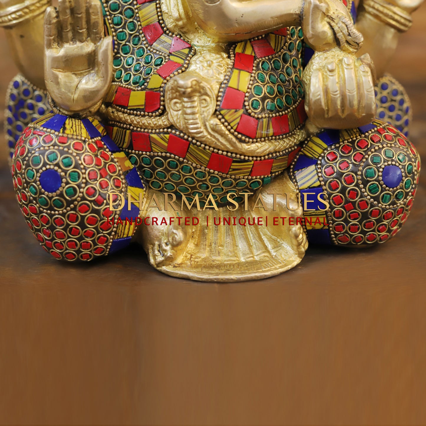 Brass Ganesh seated, Blessing Position, Golden & Stonework, 8.5"