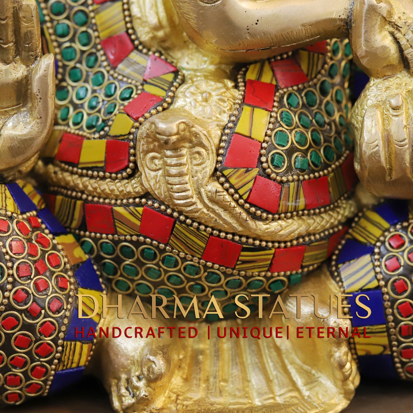 Brass Ganesh seated, Blessing Position, Golden & Stonework, 8.5"