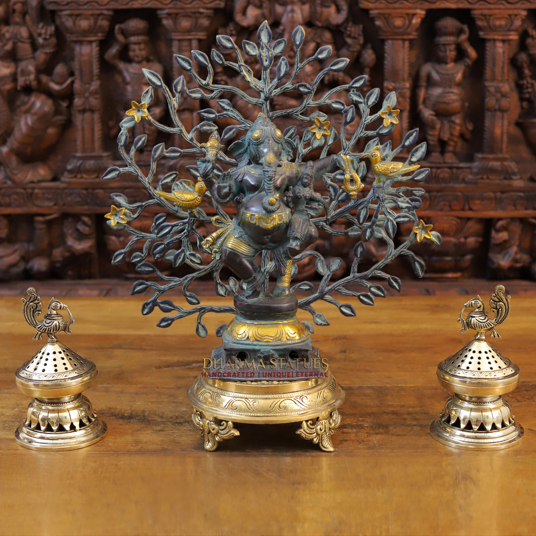 Brass Dancing Ganesh Idol, Black Patina and Golden Finish 11"