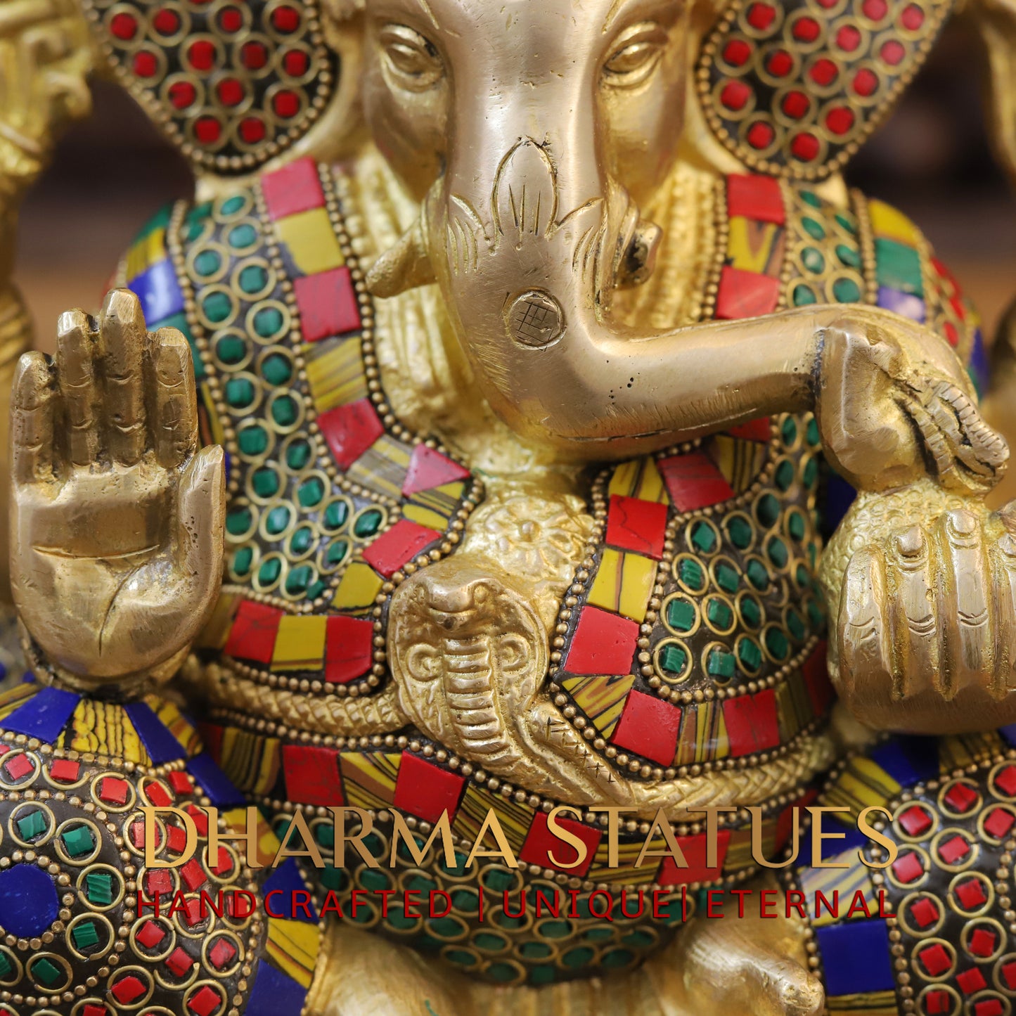 Brass Ganesh seated, Blessing Position, Golden & Stonework, 8.5"