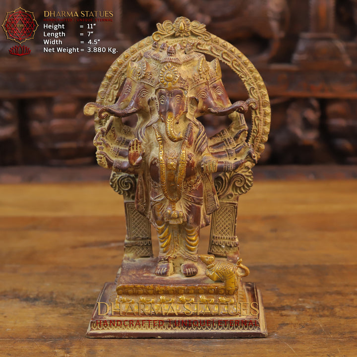 Brass Panchmukhi Ganesh Idol, Bronze and Golden Finish 11" Front View