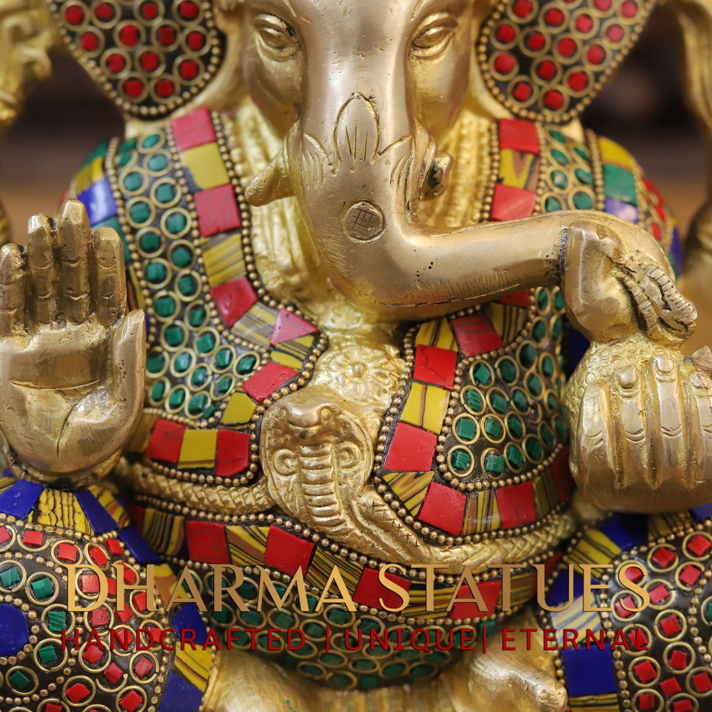 Brass Ganesh seated, Blessing Position, Golden & Stonework, 8.5"