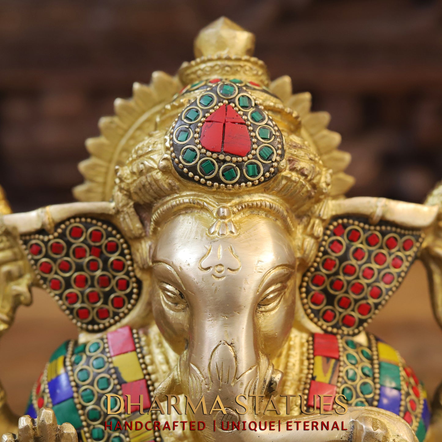Brass Ganesh seated, Blessing Position, Golden & Stonework, 8.5"