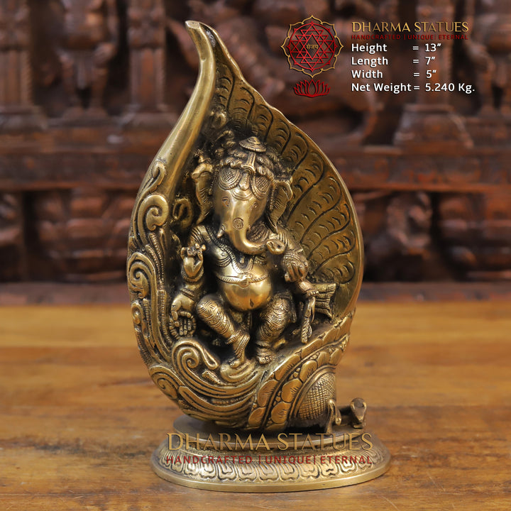 Brass Ganesh Statue, Modern Ganesh, Fine Golden Finish 13" Front View