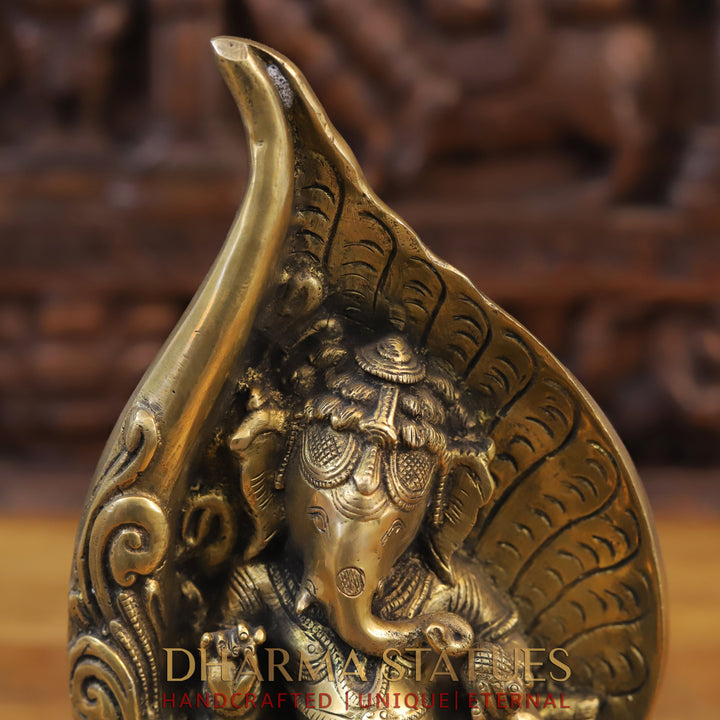 Brass Ganesh Statue Under Shell, Fine Golden Finish 13"