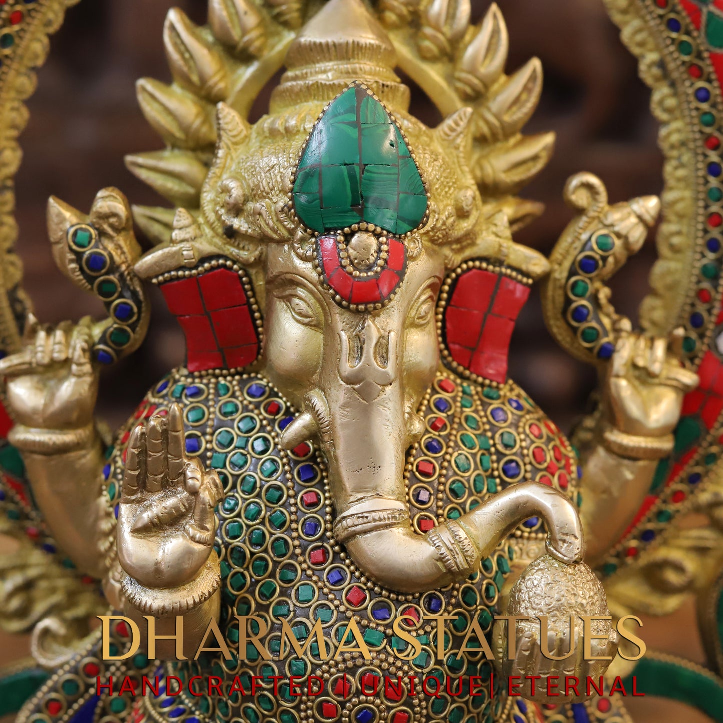 Brass Ganesh seated on Throne, Blessing Posture, Golden & Stonework, 16"