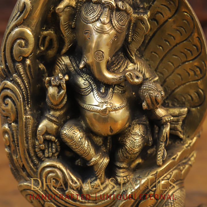 Brass Ganesh Statue Under Shell, Fine Golden Finish 13"