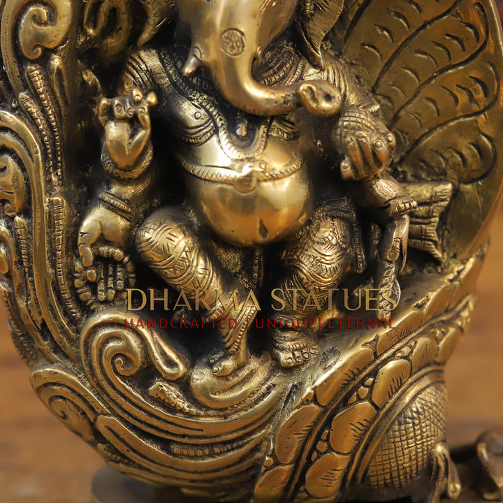 Brass Ganesh Statue Under Shell, Fine Golden Finish 13"