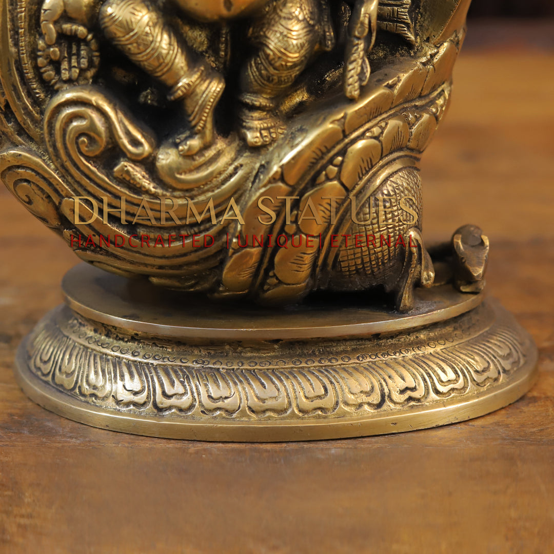 Brass Ganesh Statue Under Shell, Fine Golden Finish 13"