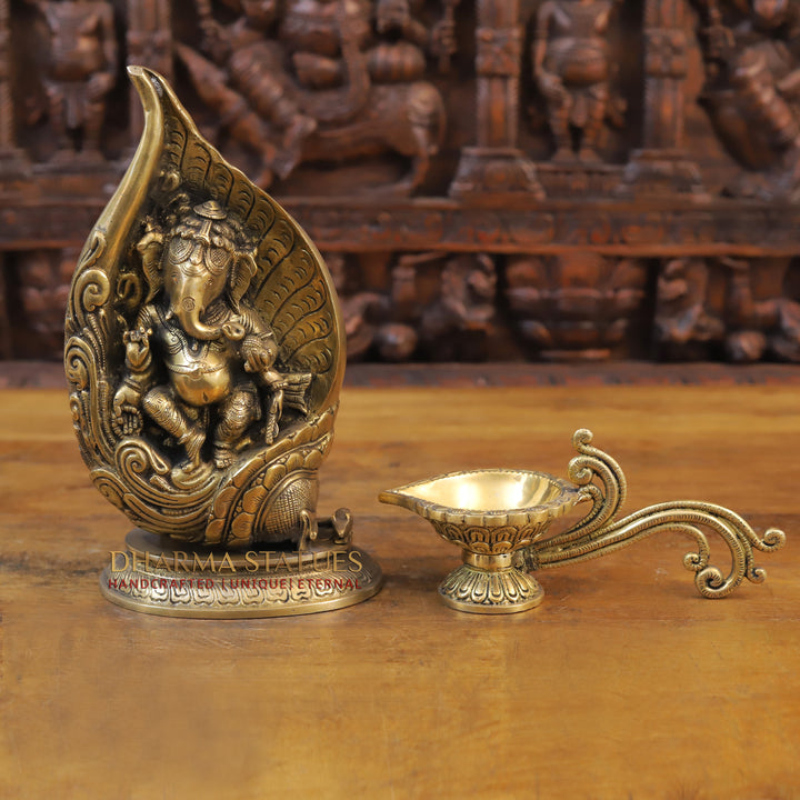 Brass Ganesh Statue Under Shell, Fine Golden Finish 13"