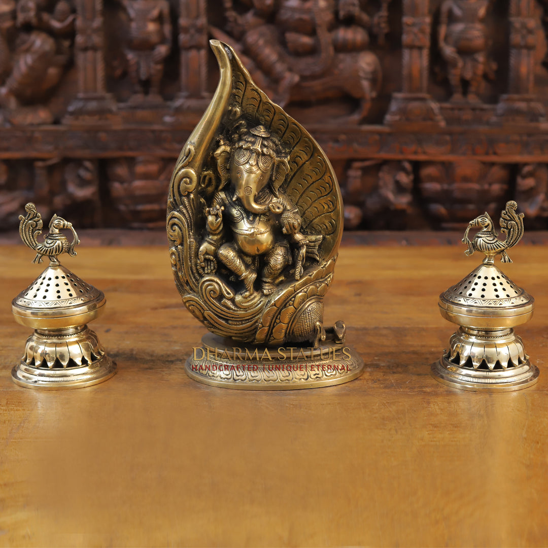 Brass Ganesh Statue Under Shell, Fine Golden Finish 13"