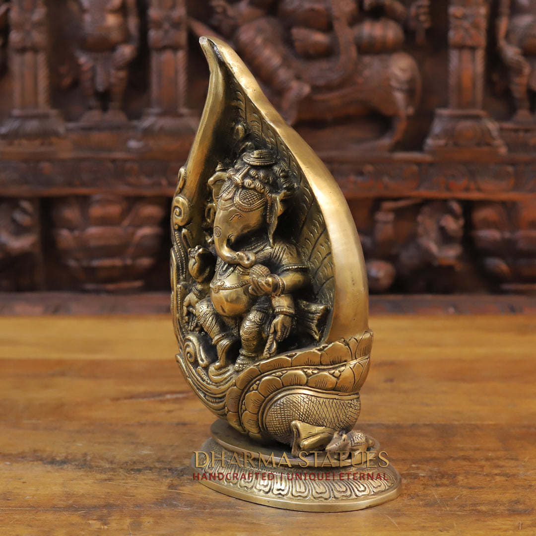 Brass Ganesh Statue Under Shell, Fine Golden Finish 13"