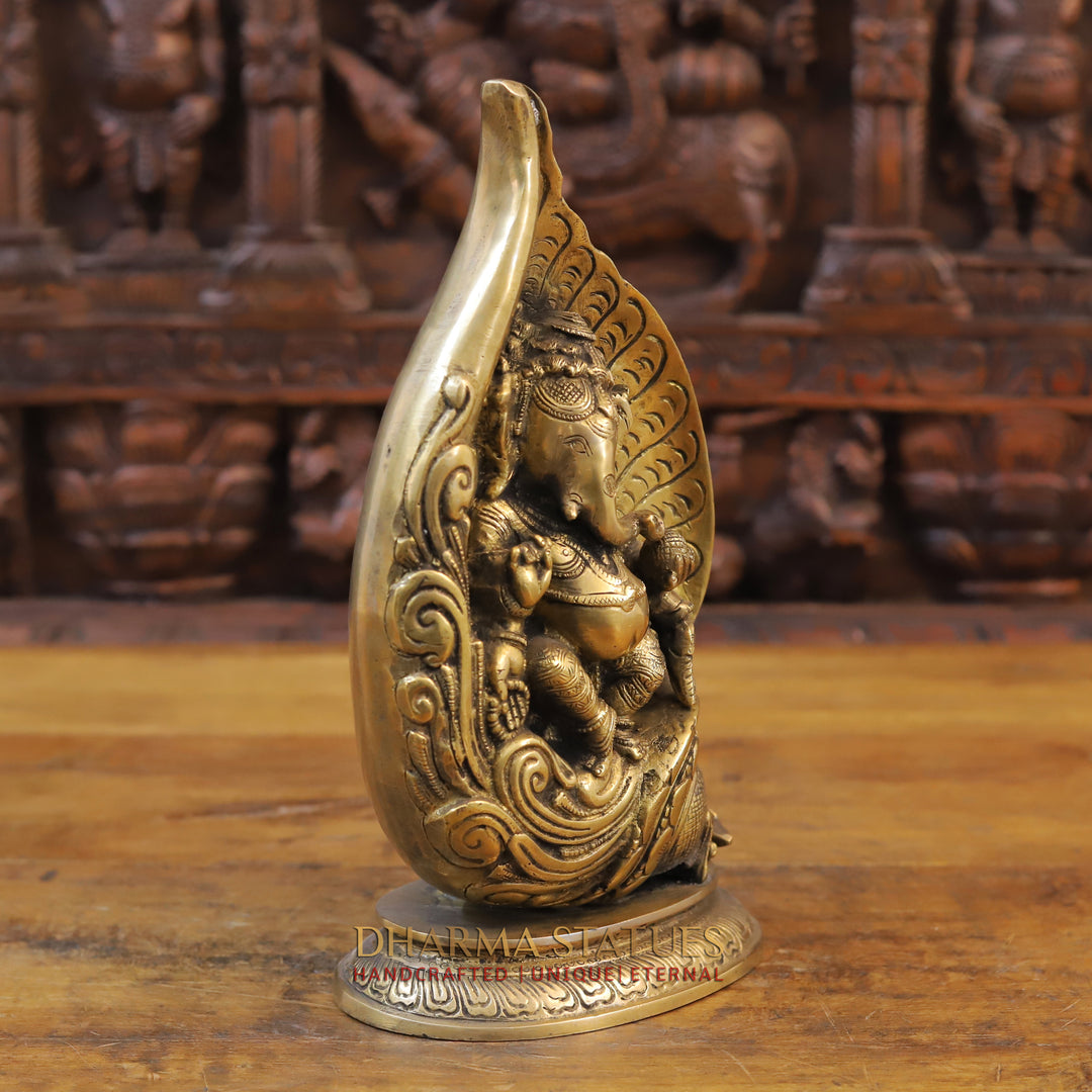 Brass Ganesh Statue Under Shell, Fine Golden Finish 13"