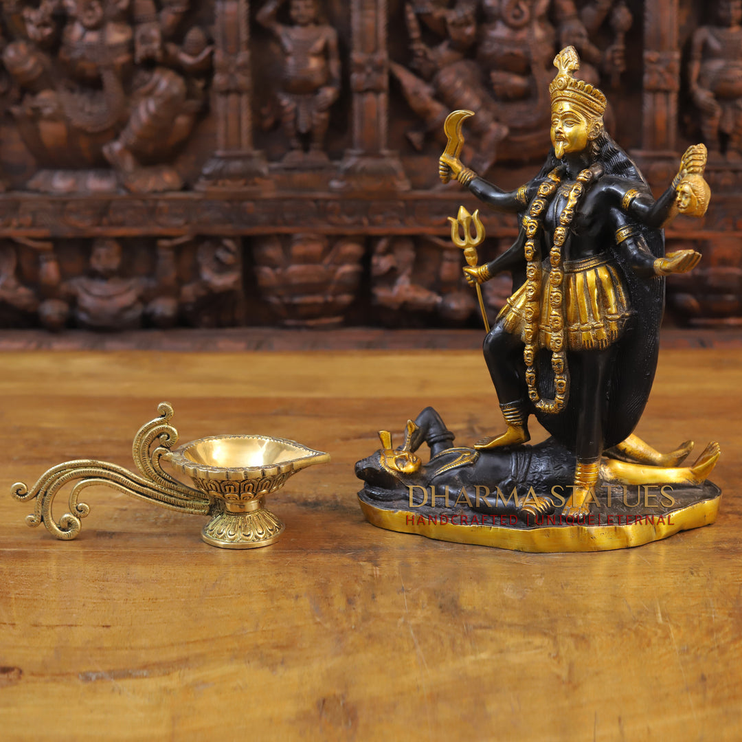 Brass Kali Idol, Standing on Lord Shiva's Chest, Black patina & Golden Finish 14"