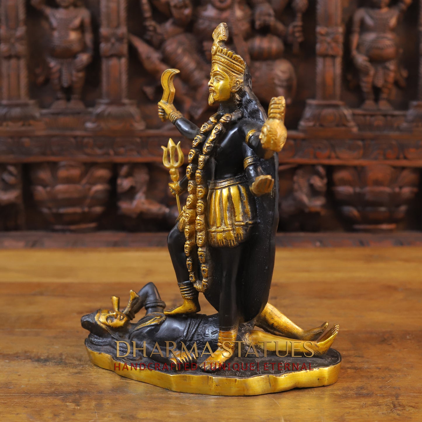 Brass Kali Idol, Standing on Lord Shiva's Chest, Black patina & Golden Finish 14"