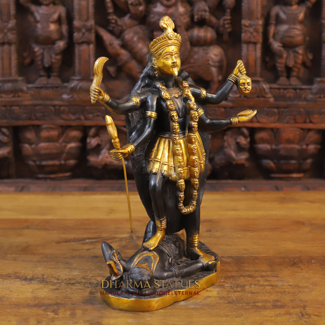 Brass Kali Idol, Standing on Lord Shiva's Chest, Black patina & Golden Finish 14"