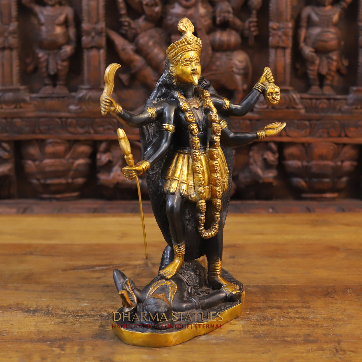 Brass Kali Idol, Standing on Lord Shiva's Chest, Black patina & Golden Finish 14"