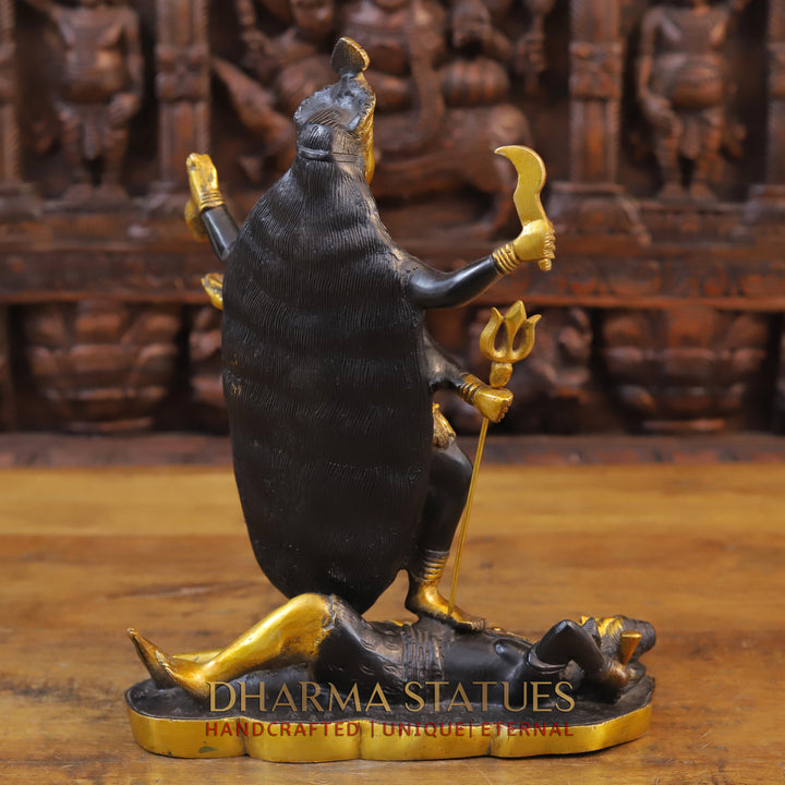 Brass Kali Idol, Standing on Lord Shiva's Chest, Black patina & Golden Finish 14"